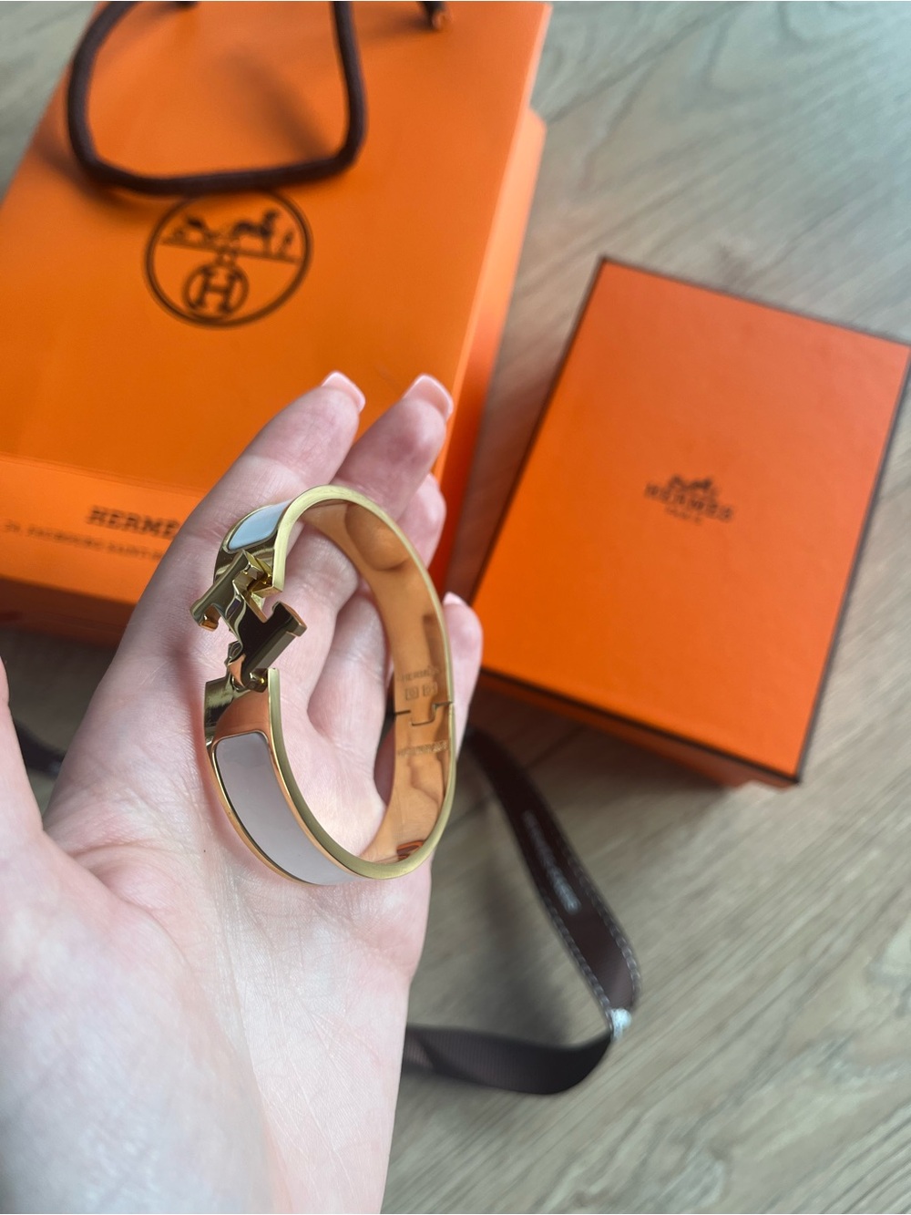 Hermes Gold and White Enamel H Bracelet